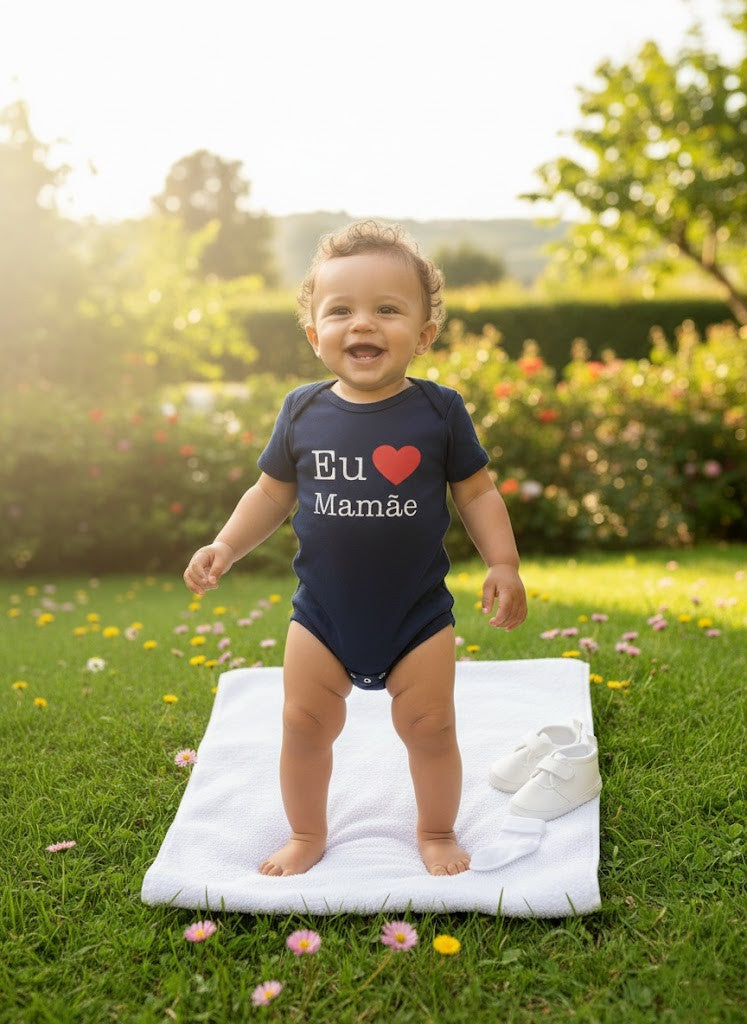Body para Bebê Manga Curta Eu Amo a Mamãe Azul Marinho