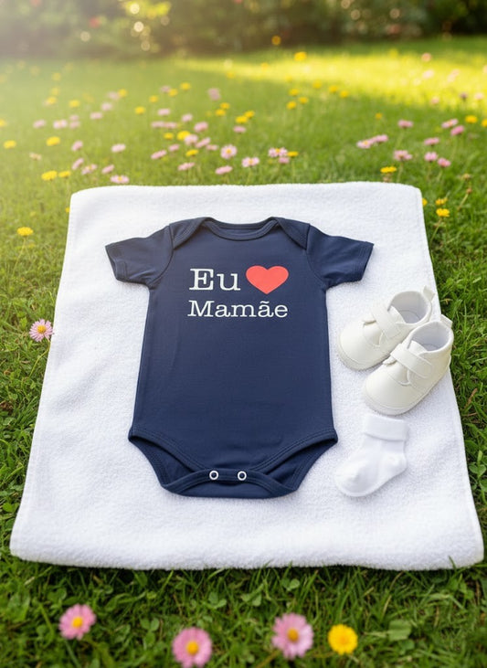Body para Bebê Manga Curta Eu Amo a Mamãe Azul Marinho