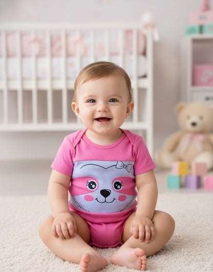 Macacão para Bebê Gatinha Rosa Manga Curta Branco