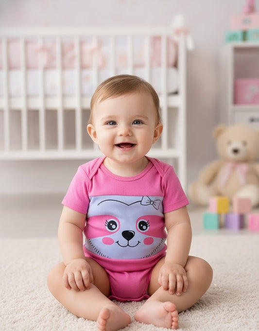 Macacão para Bebê Gatinha Rosa Manga Curta Branco