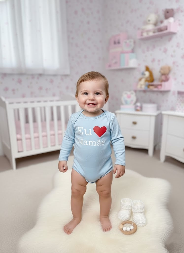 Body para Bebê Manga Longa Eu Amo a Mamãe Azul Claro