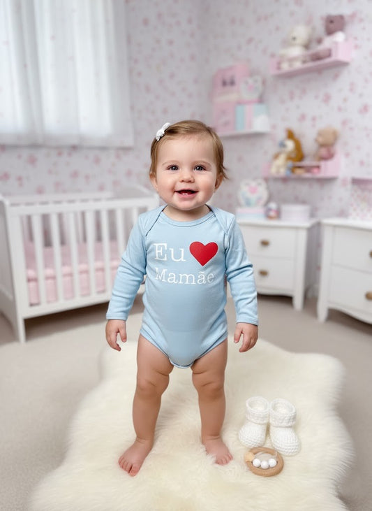 Body para Bebê Manga Longa Eu Amo a Mamãe Azul Claro