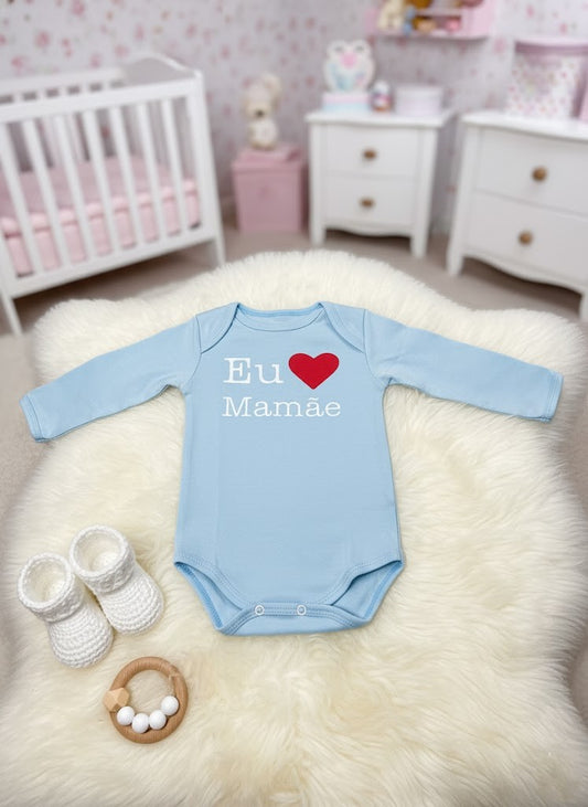 Body para Bebê Manga Longa Eu Amo a Mamãe Azul Claro